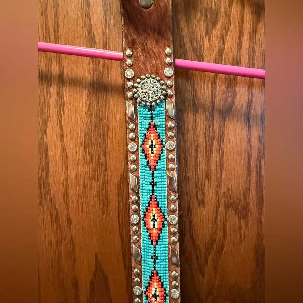 Turquoise and Brown Beaded & Hair on Hide Belt